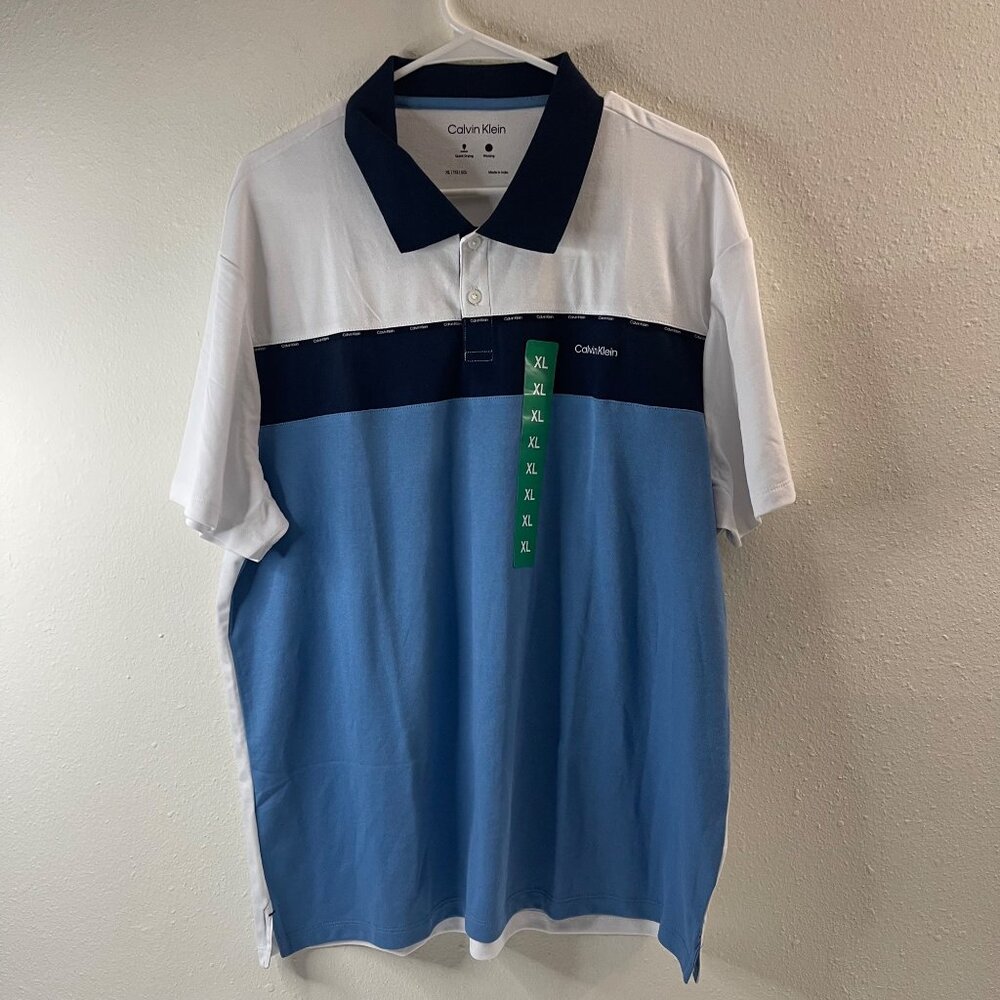 NWT Calvin Klein Mens Polo Shirt XL White & Blue Quick Dry Moisture-Wicking - Picture 2 of 12